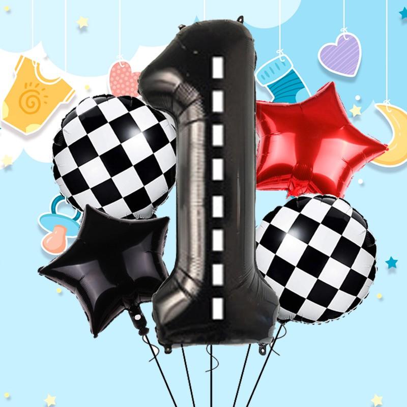 Race Car Theme Number Star Balloons, Checkered Foil, Multi Shape Mixed Color Set, Boys Birthday Party Decor