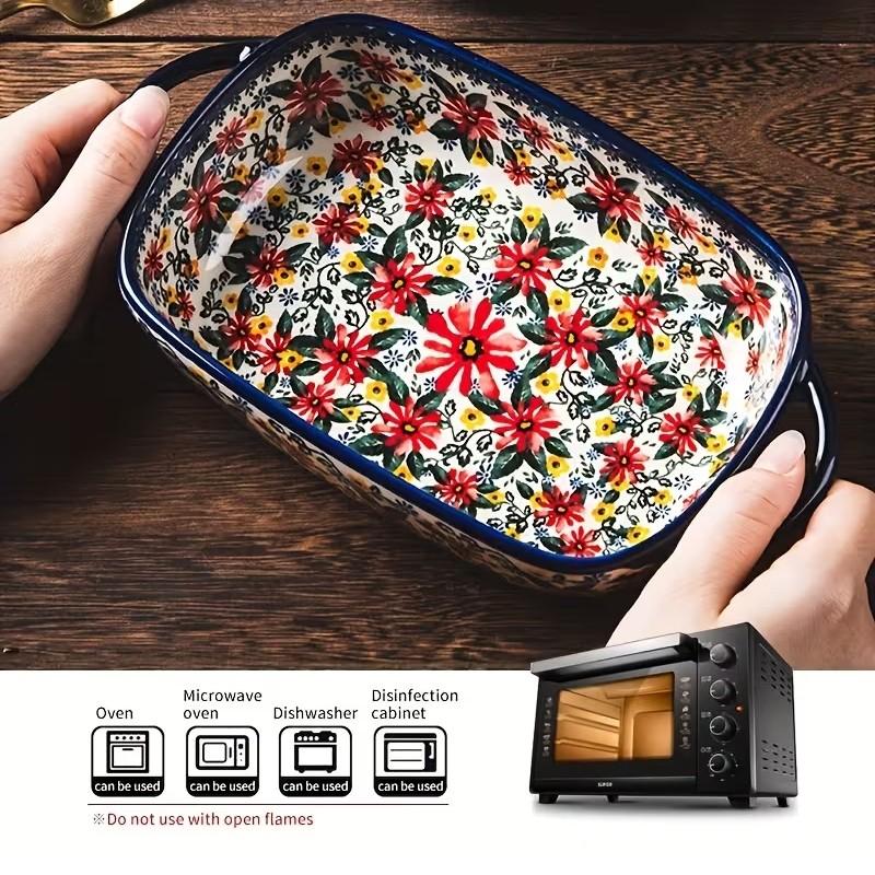 730ML Floral Ceramic Baking Dish, Rectangular Serving Dish with Handles, Ideal for Rice, Salad & Cheese, Elegant Kitchen Essential
