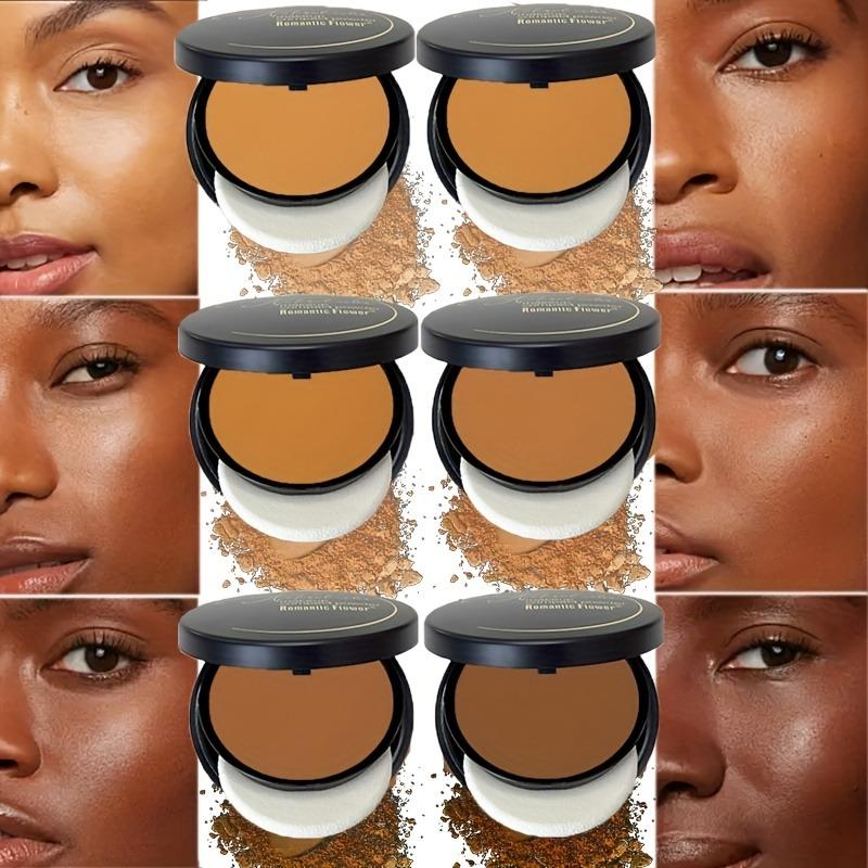 6 Color Deep Matte Setting Powder Foundation, Waterproof Full Coverage Makeup Face Pressed Powder with Sponge, Holiday Party Valentine's Day