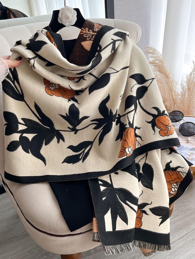 Elegant Floral Knit Scarf for Women, Boho Style Double-Sided Shawl, Fall & Winter Warm Daily Wear, Fitted Design
