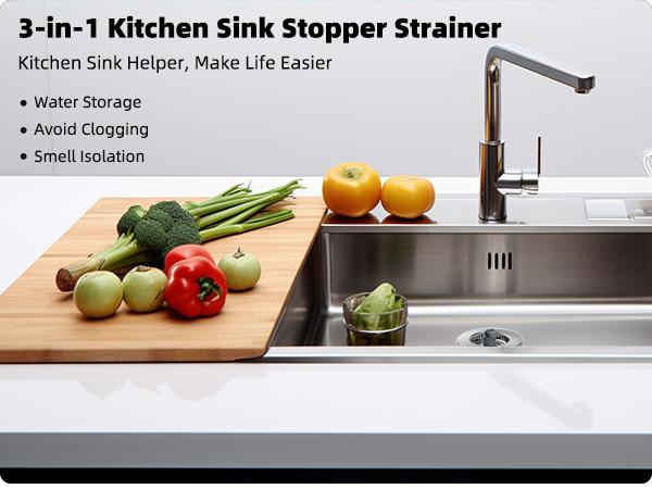 Upgraded 3 in 1 Kitchen Sink Drain Strainer - Stainless Steel Sink Stopper, Anti-Clogging Sink Food Catcher Basket, Fast Drainage Odor Filter Sink Plug for US Standard 3 1/2 inch Drain