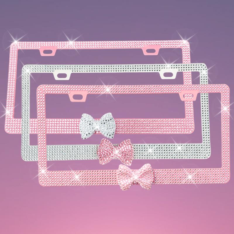2 PCS Of Dazzling Plastic Bow License Plate Frames For Women, Personalized Car Plate, Glittering Rhinestone Diamond Car Parts License Plate Frames And Glittering Crystal Hats