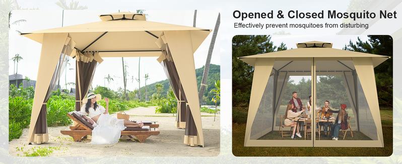 Gazebo, 11.5x11.5 Patio Gazebo Waterproof Canopy Tent UV-Resistant 2-Tier Top Sturdy Outdoor Canopy Tent for Camping with Mosquito Netting for Garden Patio Backyard