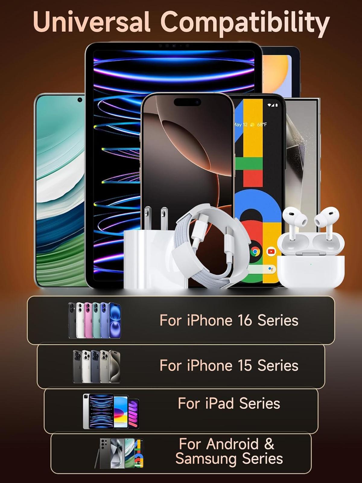 2-Pack 40W PD USB C Fast Charger with 6FT USB C to Type C Data Cable for iPhone 17/17 Air/16/15, AirPods, iPad, Super Fast Charging Adapter & Cable Set Cellphone Electronic Accessories