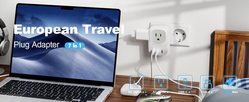 Germany France Power Adapter with 2 USB C, 4 AC Outlets. EU Plug Adapter for US to Europe, Korea, Iceland, Greece, Spain.