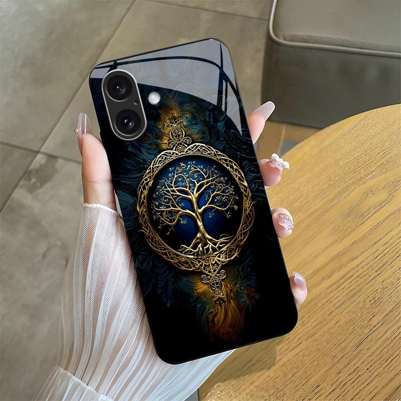 Suitable for [iPhone 16 Plus] high-end phone case🤩， high-end patterns，blue and gold tree of life pattern new black phone，drop-resistant and fingerprint-proof YM99