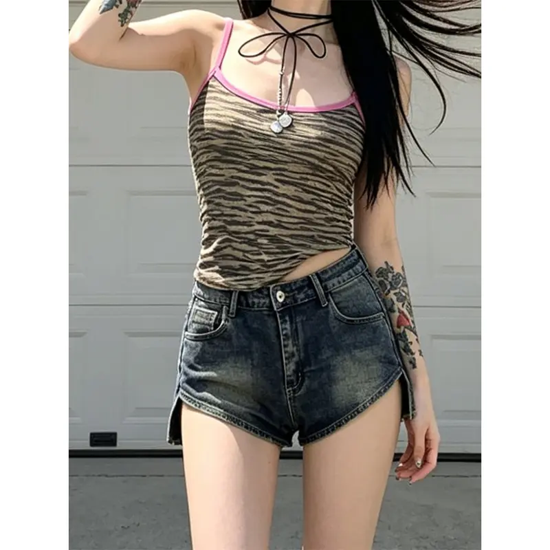 D332  Women's Denim Super Shorts - Sporty Chic Casual Bottoms with Distressed Look, Irregular Cut, Slim Fit, Stretchy High Street Design for Active Wear