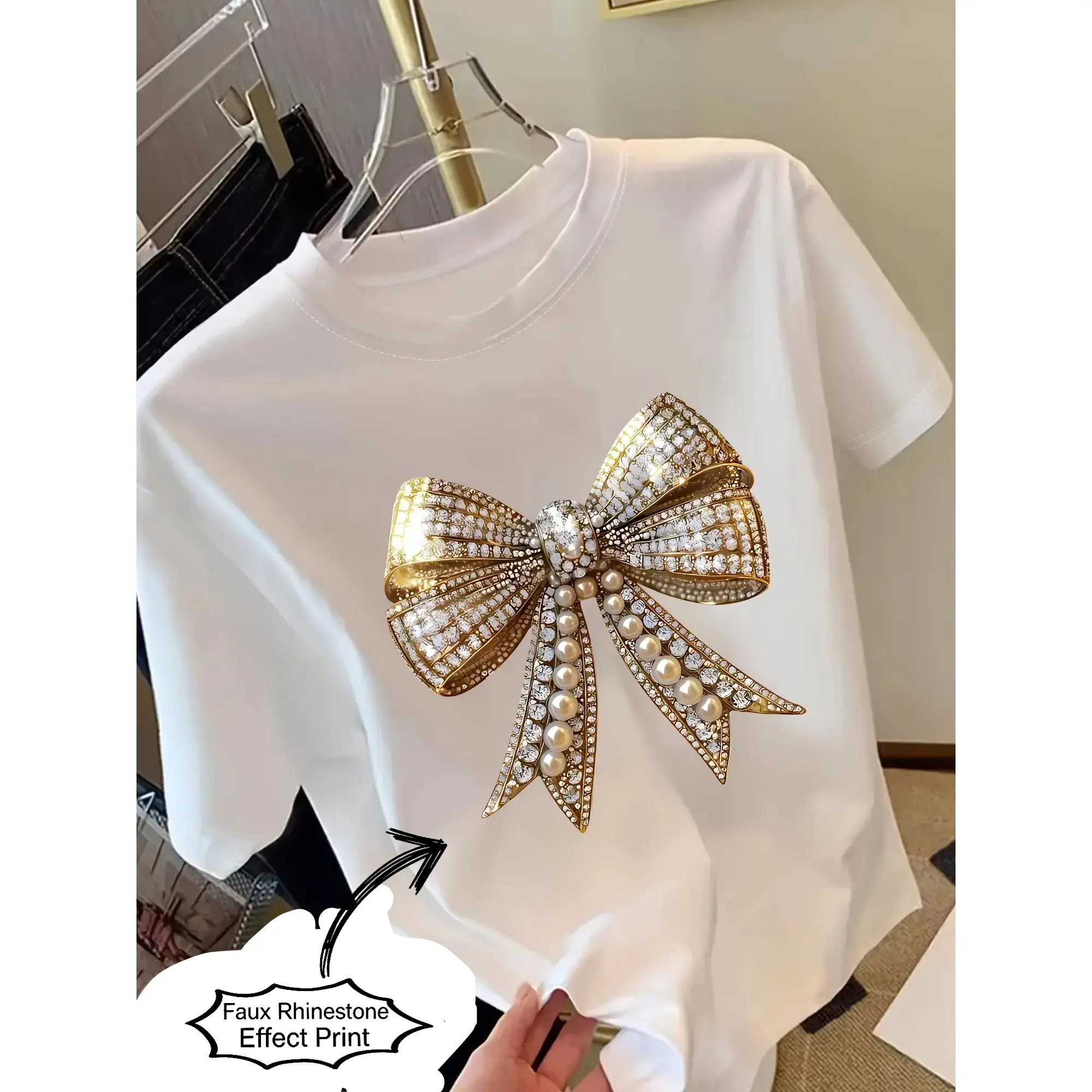 [Faux rhinestone Effect Print]Women'S Y2K Bow Printed T-Shirt with Sparkling Decorative Pattern, Casual Top