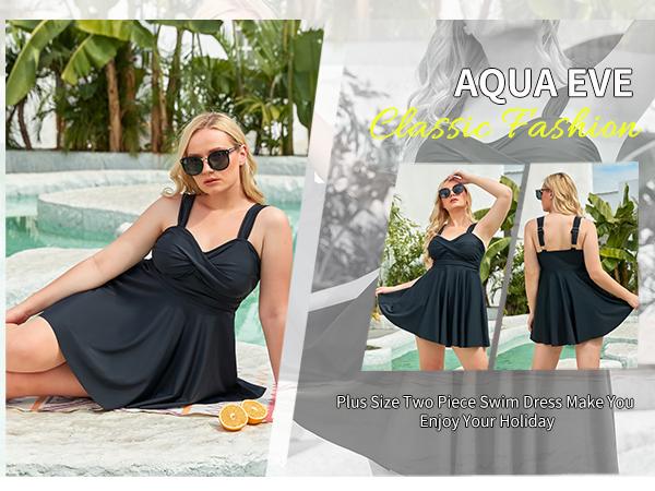 Aqua Eve Plus Size Two Piece Swimsuits for Women Tankini Bathing Suits Flowy Swim Dress with Shorts