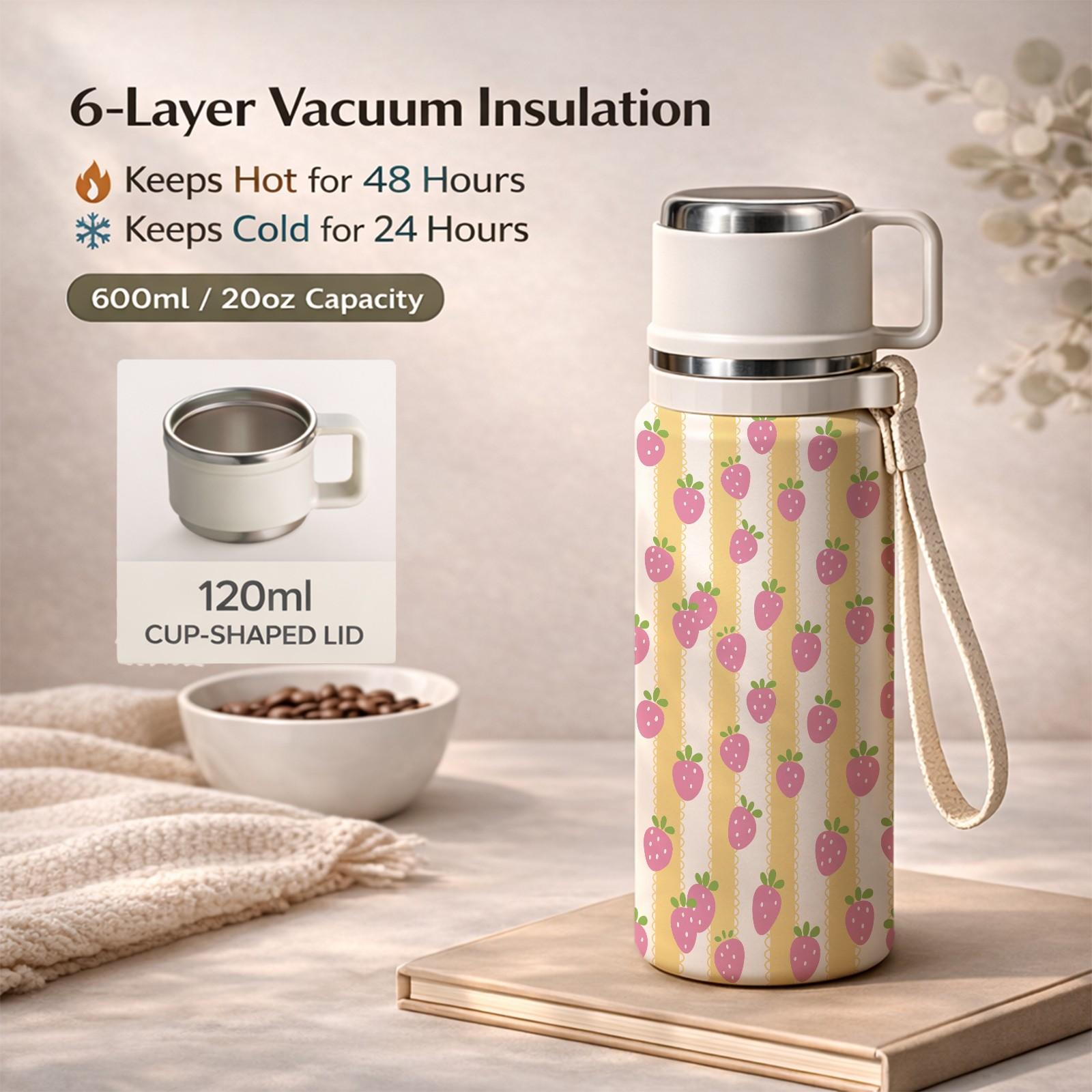 1 Pc Vacuum Mug, 600ml Thermal Mug, Double Wall Insulated Cup, Leak Proof Skinny Tumbler With Handle And Strap, 48 Hours Hot 24 Hours Cold, Portable Travel Mug For Coffee Tea Milk, Gift For Women Men Holiday Daily Use