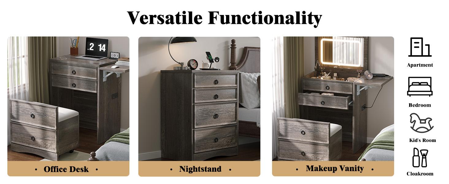 VanAcc 3-in-1 Vanity Set with LED Lighted Flip Top Mirror, Small Makeup Vanity Table with Fold-Up Panel, Hidden Stool and Charging Station, Versatile Vanity for Bedroom, Dressing Room, Sturdy and Durable