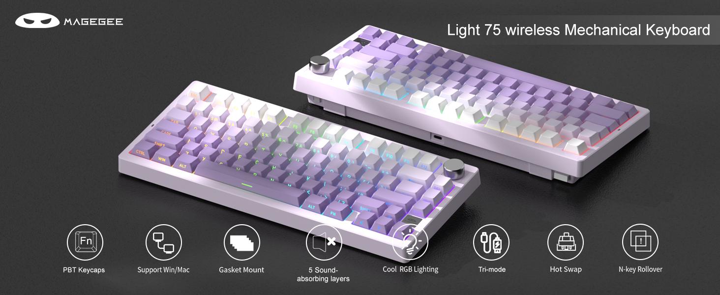 MageGee LIGHT75 Wireless Creamy Keyboard, Gasket Structure Hot Swappable, 75% Compact 2.4G/USB-C/BT5.0 RGB Backlit Gaming Keyboard for Win/Mac/PC, Side Printed PBT Keycaps, 4000mAh Battery, Purple
