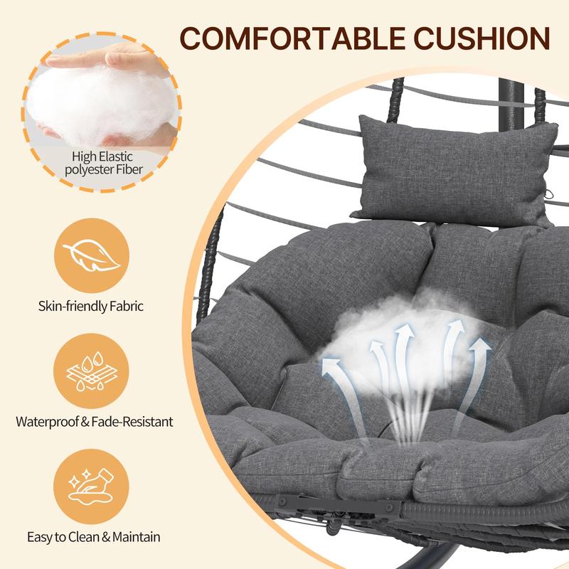 UDPATIO Outdoor Double Wicker Swing Egg Chair 2 Person Foldable Hanging Egg Chair with Stand, Porch Swing Loveseat for Patio, Balcony, Porch, Indoor&Outdoor
