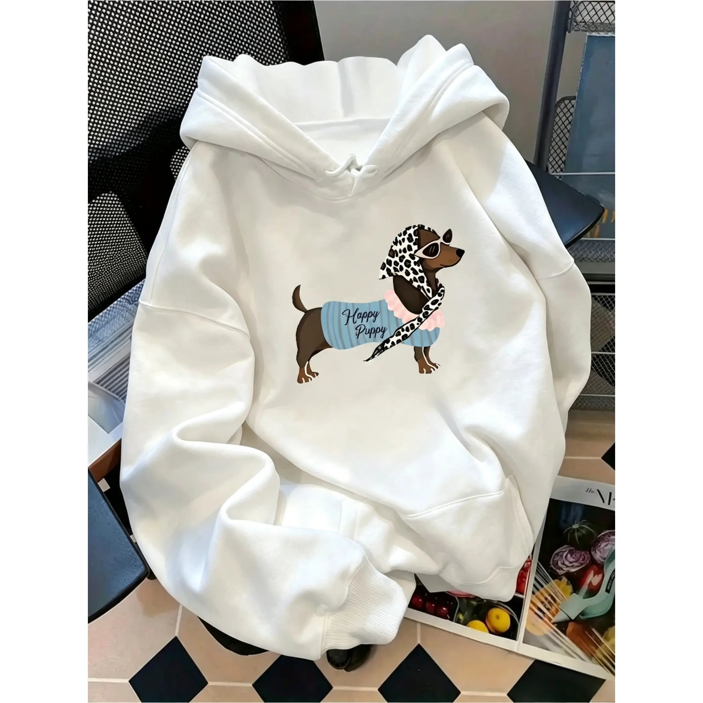 Fun And Quirky Dachshund Pattern Hooded Sweatshirt, Loose Grey Versatile Jacket