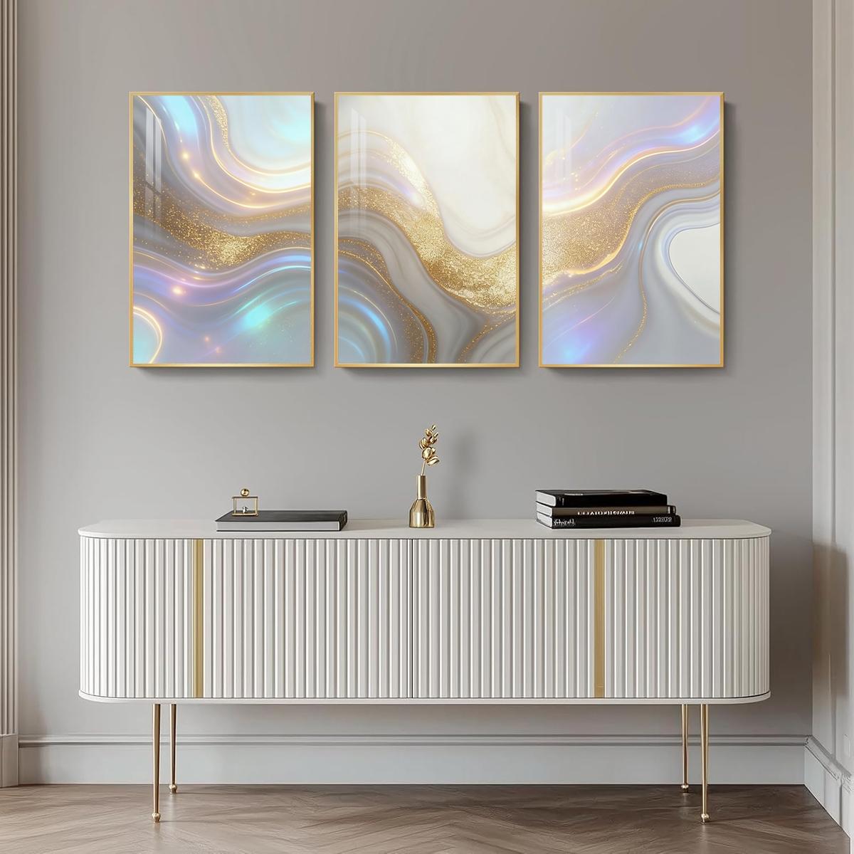 3 Counts Aluminum Alloy Framed Painting, Abstract Golden And Silver Fluid Art Pattern, Home Decoration For Living Room, Bedroom, Office, Restaurant, Hallway Wall Decor, Odorless Print Artwork, Luxury Perfect Gift For Friends And Family
