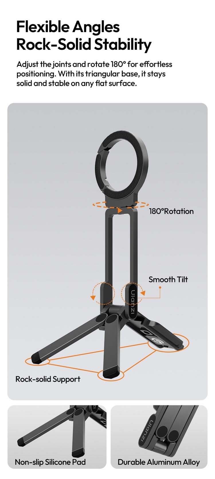 ULANZI Magnetic Phone Tripod for iPhone, MA38 Portable Phone Holder Mini Tripod for Magsafe with Double-Sided Strong Magnetic 1/4'' Arri Locating Hole Foldable Hook for iPhone 16 15 14 13 12