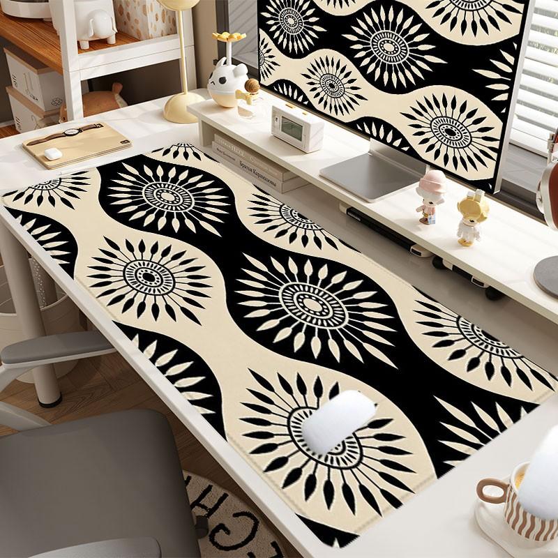 Black White Geometric Sunburst Desk Pad Gaming Mousepad XXL Mouse Pad For Laptop Desk Mouse Pad Extra Large With Non-Slip Rubber Base Stitched Edges Surface For PC Gamers Office Workers & Home Use Perfect Gift For Holidays And Special Occasions