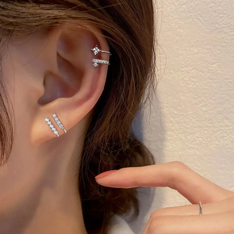 Women's Non-Piercing Nose Clip Set: 1pc + Ear Clips, No Piercing Required, Double Layered, Unique White Circle Design with Y2K Style, Minimalist Square Synthetic Zirconia Inlay & Sparkling Accents, S925 Silvery, Body Jewelry Accessory, Body Jewellery