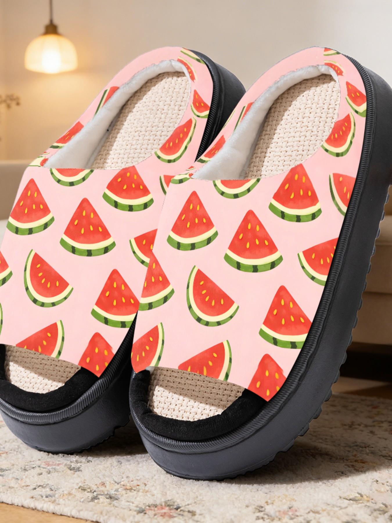 Cute Watermelon Slice Print Linen Open-Toe Sandals, Casual Textile Eva Sole, All-Season Less Than Ankle Height, Cartoon Pattern Design