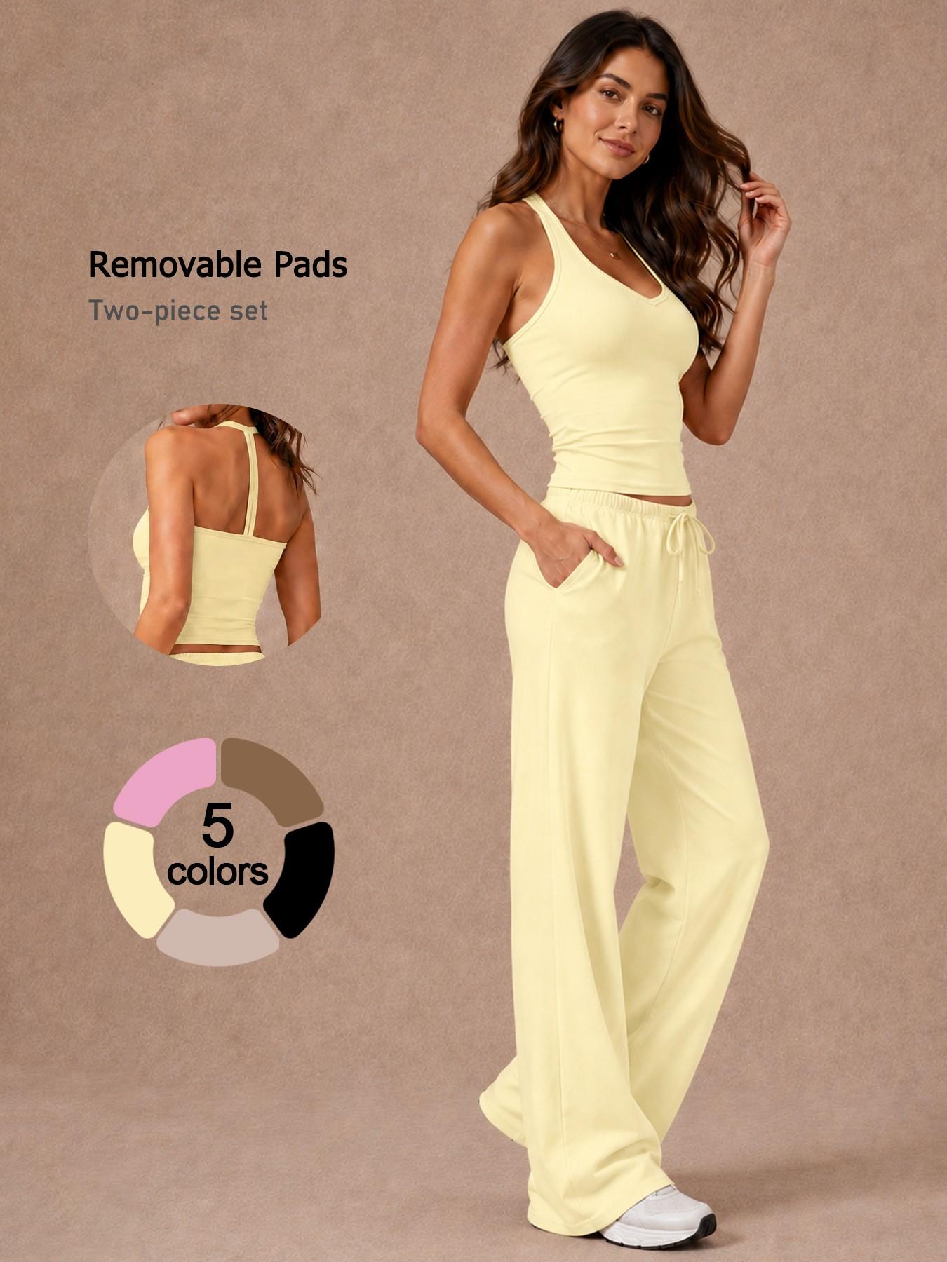 Two-Piece Women's Tank Top & Long Pants Set, Casual Fitness Wear, High Stretch Activewear, Quick-Dry Breathable Fabric, Sporty Top with Removable Pads & Adjustable Drawstring Wide-Leg Pants for Gym & Yoga, Summer Outfit, Sportswear