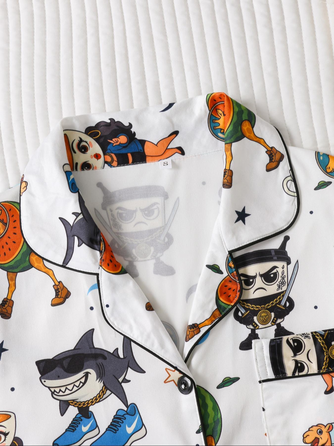 Women's Cartoon Print Pajama Set, Long Sleeve Button Front Top & Loose Fit Pants, Casual Spring & Fall Sleepwear Loungewear
