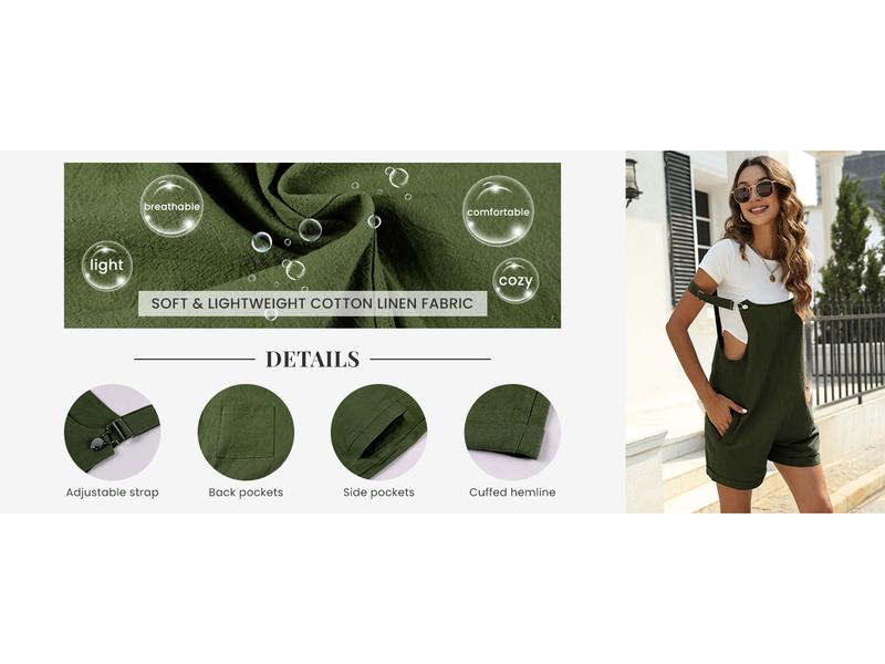 Naeduo Women's Cotton Linen Short Overalls | 2026 Coastal Cowgirl Summer Must-Have | Adjustable Bib Straps Giant Pockets | Cottagecore Workwear & Beachside Errands Black Casual