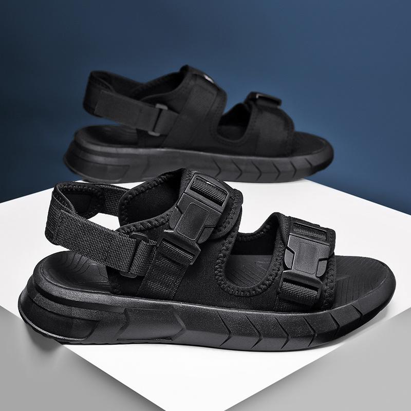 Men's sports sandals and slippers - beige fabric upper, black straps and buckles, TPR sole, Velcro closure, comfortable outdoor sports shoes for all-day wear