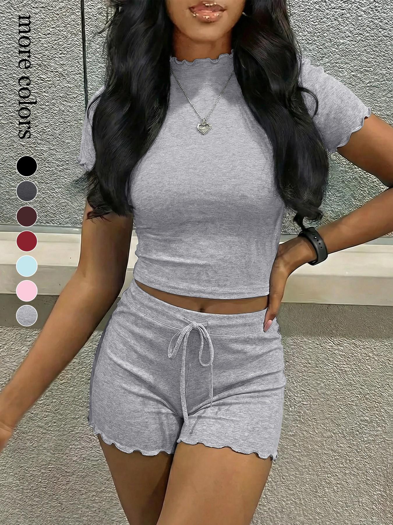 Women's 2 Piece Lounge Set, Short Sleeve Mock Neck Top & Drawstring Ruffle Shorts, Y2K Aesthetic Cozy Summer Pajama Sleepwear