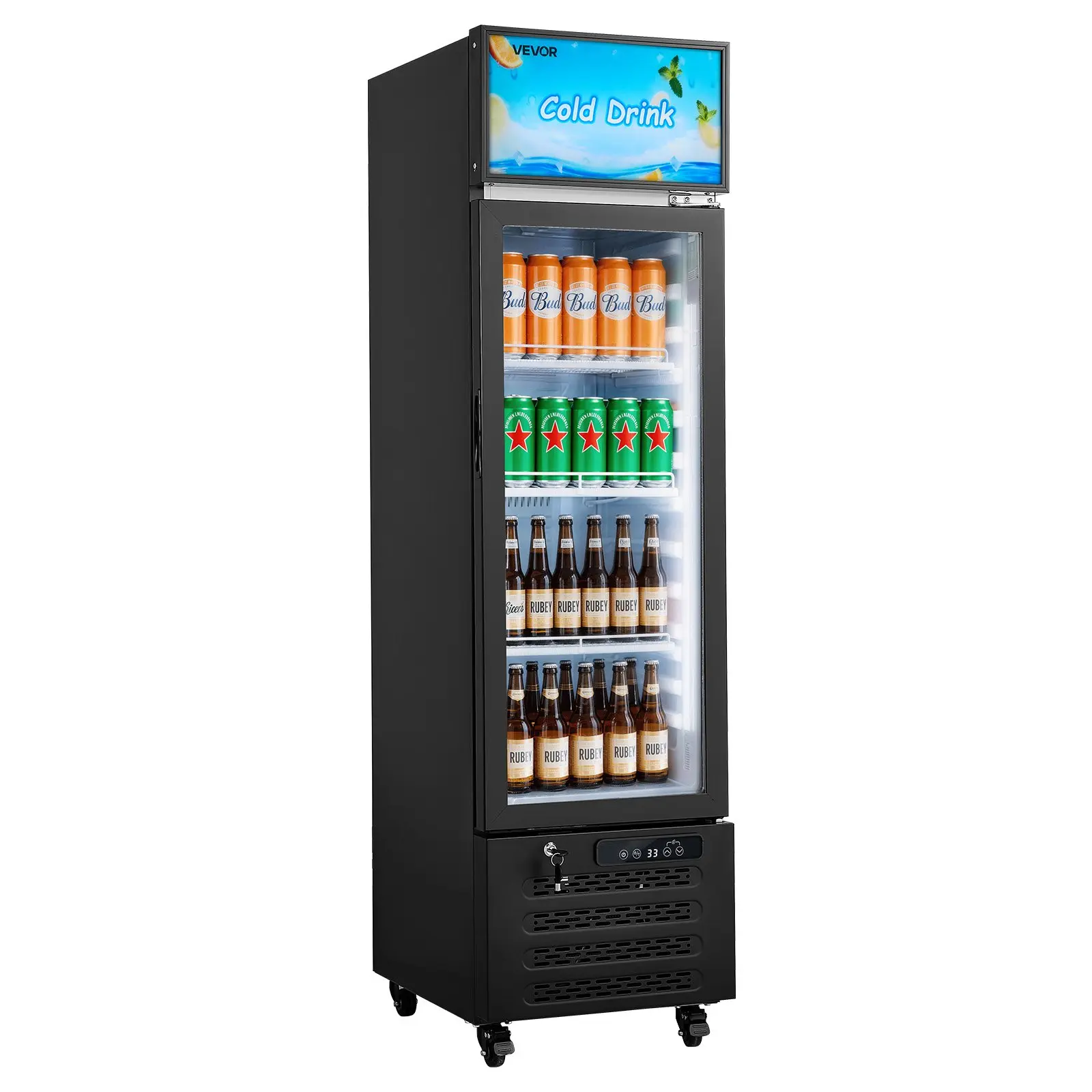 VEVOR Commercial Merchandiser Refrigerator, 6.1 Cu.Ft / 173 L Glass Door Display Refrigerator, Upright Beverage Cooler with Customizable Lightbox, 3 Adjustable Shelves & Soft LED Light for Homes Shops, Light Box, 173L, Display Cooler