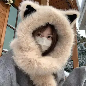 Cute Fox Ear Fluffy Hat Scarf Warm Thick Plush Hooded Scarf For Women Winter Windproof Protection Ear Hat Lei Feng Hats