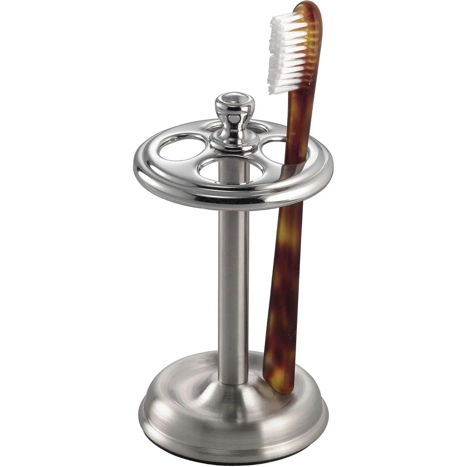 Steel Divided Toothbrush Holder Stand, 3.25" x 3.25" x 5.75" | Four Divided Compartments, Brushed Nickel & Polished Chrome