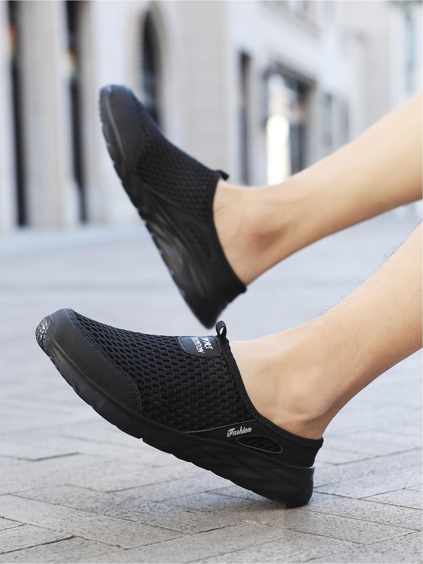 Plus Size Men's All-Black Mesh Mule Casual Shoes, Breathable Comfort Style, Hollowed Mesh + Mule Slip-On Design + Soft Non-Slip Sole, Breathable & Refreshing, Plus Size Friendly , Ideal for Plus Size Men's Daily Leisure & Light Outings