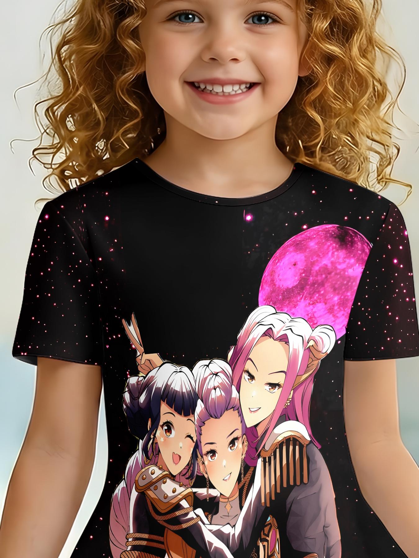 Girls Summer Anime Idol Print Dress, Kids Black Starry Sky Crew Neck Short Sleeve A-Line Skirt, Casual Princess Dress for Big Kids