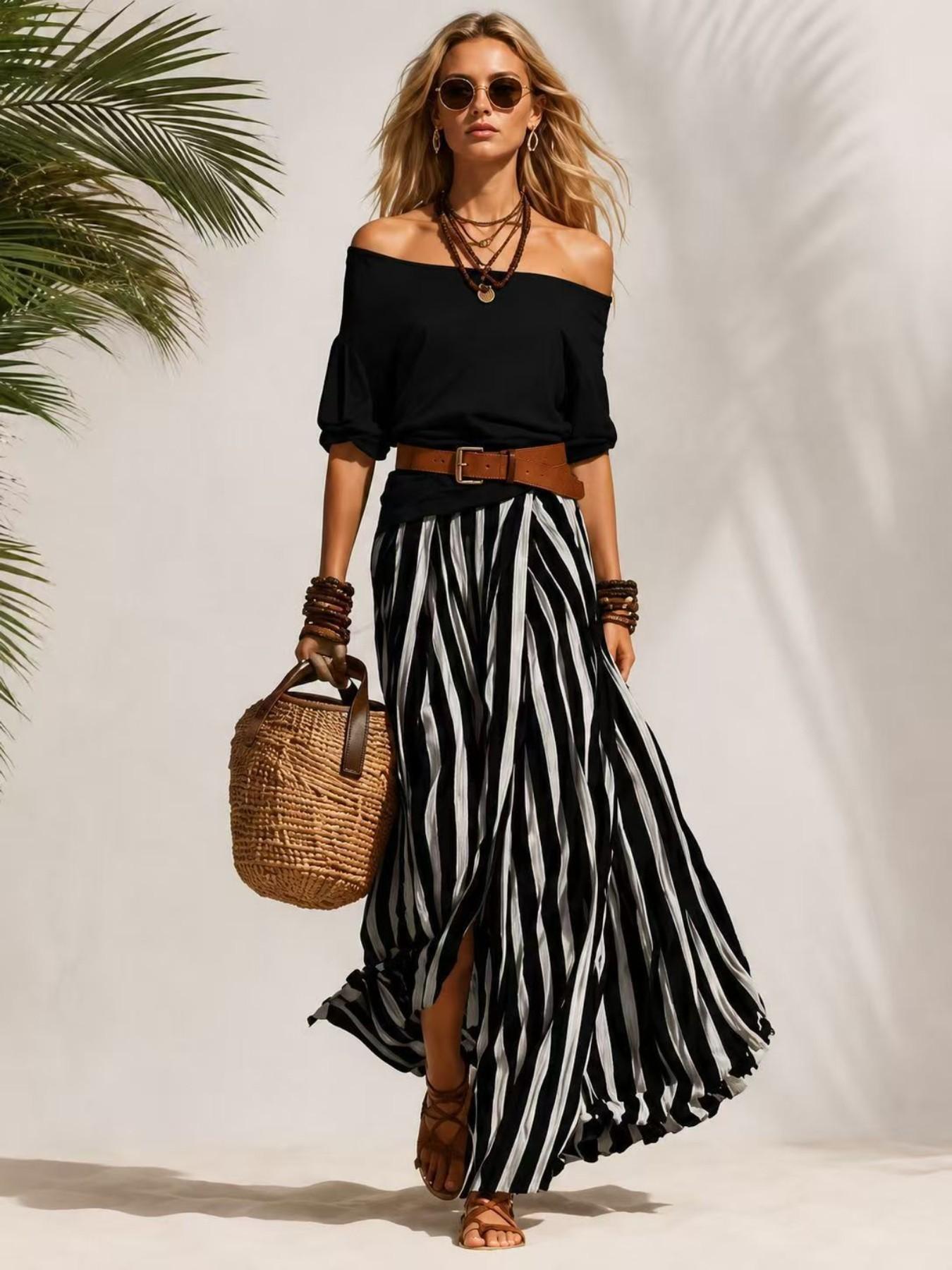 Women's 2 Piece Boho Off Shoulder T Shirt and Striped Maxi Skirt Outfit, Casual Vacation Matching Set, Summer Beach Resort Wear