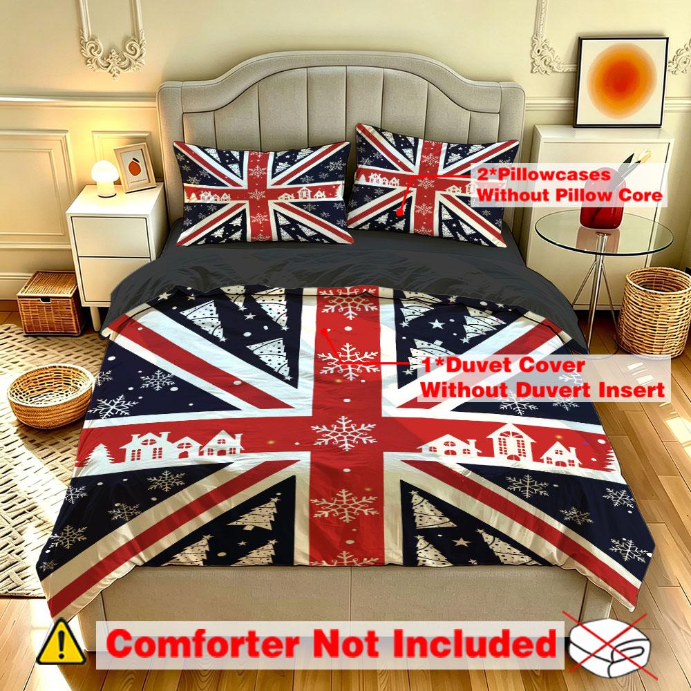 The 3-piece Christmas-themed British flag bedding set includes one bedspread and two pillowcases, without fillings. It's soft and comfortable, suitable for single beds and double beds, and ideal for use in bedrooms, dormitories, and hotels.