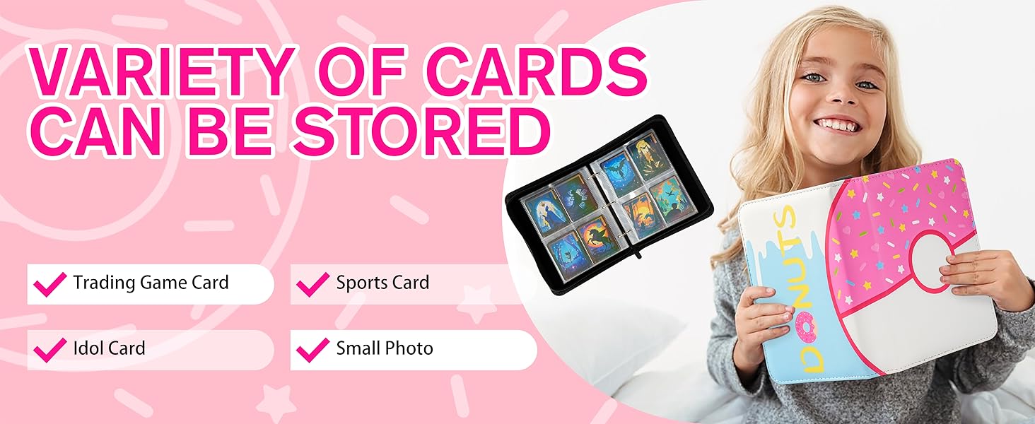 4-Pocket Trading Card Organizer, 400-Card Zipper Binder Album for Girl Teen Collection, Pink Donut & Green Donut Designs
