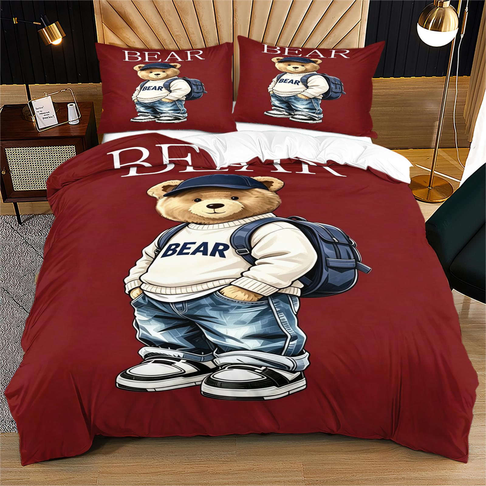 Handsome teddy bear printed pattern duvet cover set, including 1 duvet cover and 1 or 2 pillowcases, without a core or pillow, suitable for bedroom or dormitory bedding set, suitable for gift giving or personal use, Bedroom Decor