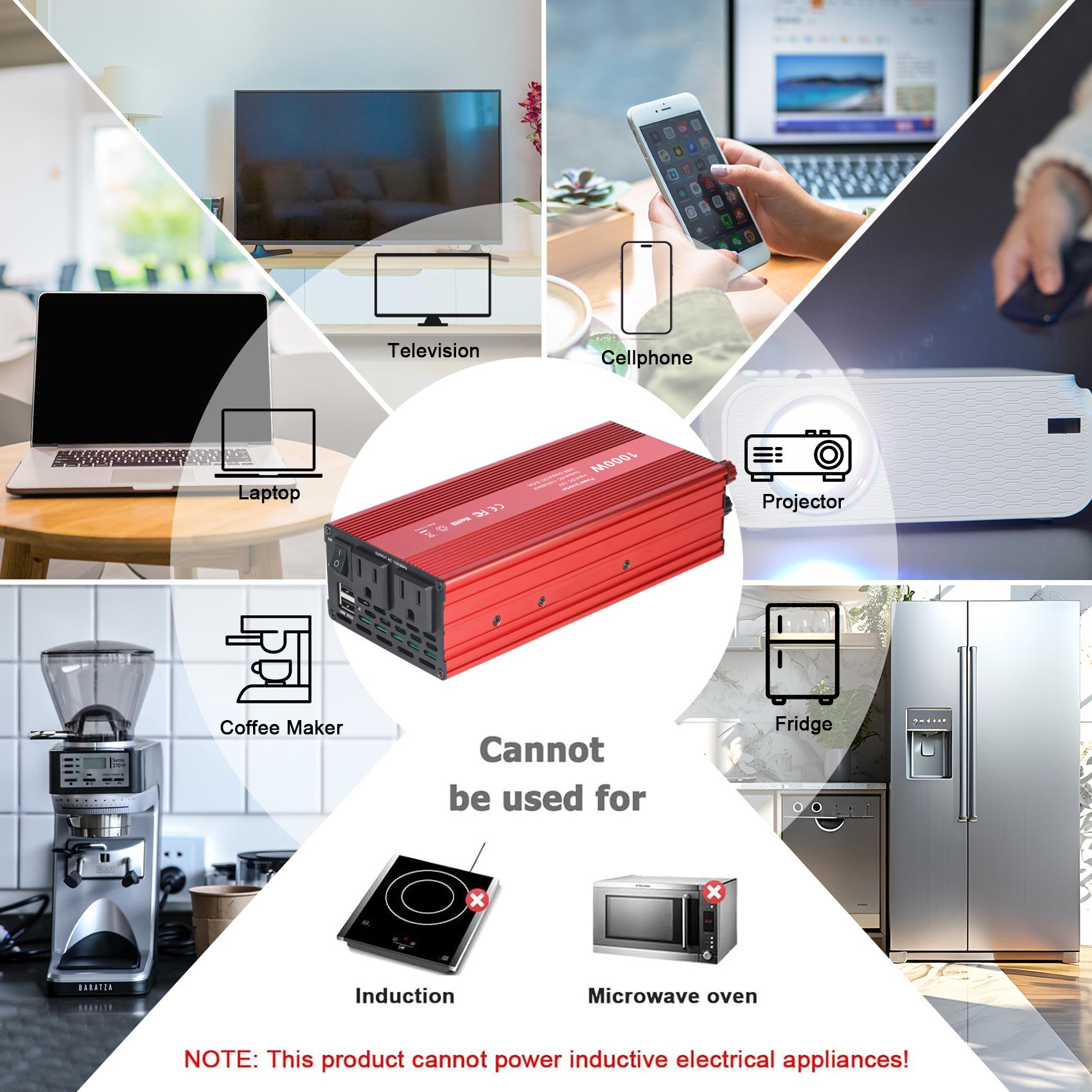 KUNLUN 1000W/1500W Peak Car Power Inverter | 12V DC to 110V AC Converter with Dual AC Outlets & USB Ports – Ideal for Boats, Off-Grid Systems, Solar Power, and Outdoor Travel Portable Socket Safety