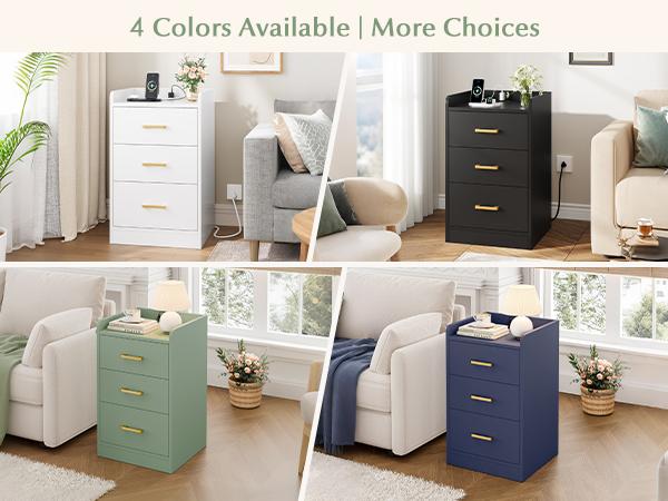 FOTOSOK Nightstands Set of 2 Black Nightstand with Charging Station, 3 Drawer Nightstand with Gold Handles, Side Table for Home Office