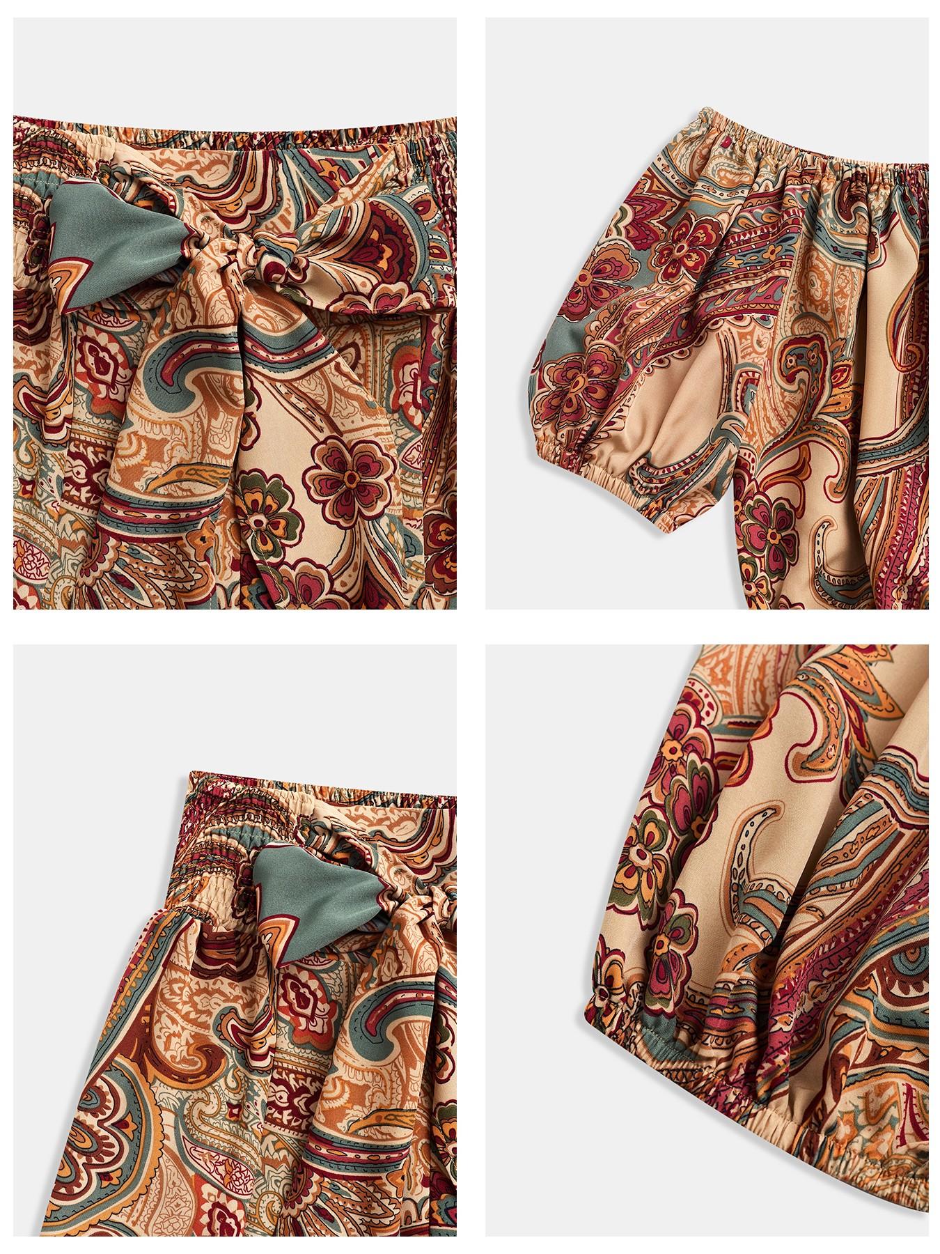 Women's Summer Paisley Print Bohemian Vintage Chic Vacation Two-Piece Set Outfit, Off-Shoulder Bubble Sleeve Crop Top + High Waist Drawstring Wide Leg Pants