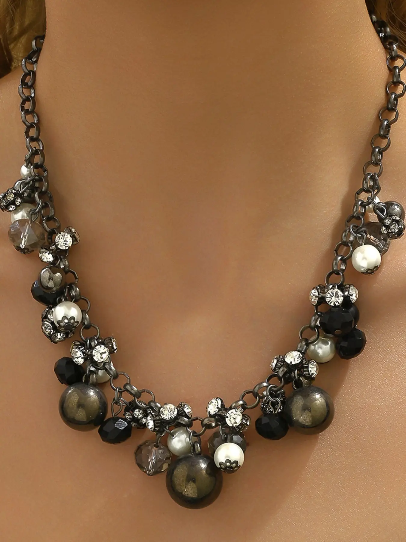 Pearl Rhinestone Fringe Necklace, Vintage Bold Short Collar Chain, Elegant Jewelry for Women, Perfect for Parties and Events