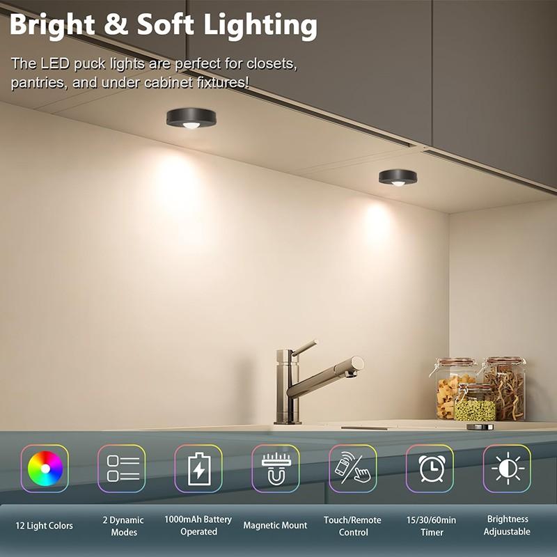 3-Pack Rechargeable LED Disk Lights with Remote Control, Adjustable Dimmable Cabinet Light, 12 Colors & 2 Dynamic Modes, Magnetic Wall Lamp