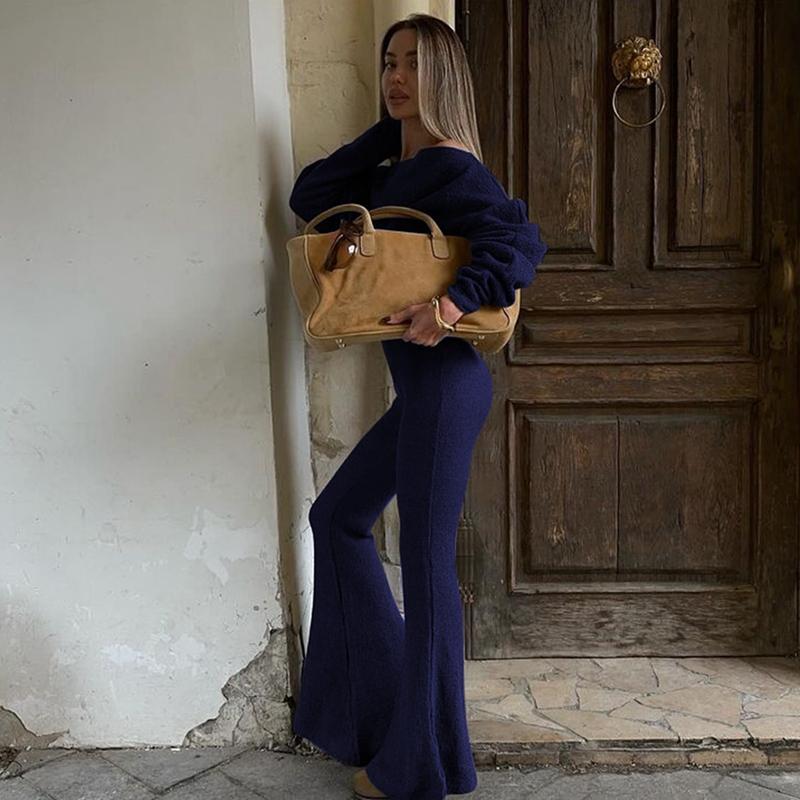 Women's Solid Asymmetrical Neck Top & Flare Leg Pants Set, Casual Drop Shoulder Long Sleeve Top & Trousers, Women's Fall & Winter Clothes for Everyday Wear, Casual Loungewear Set