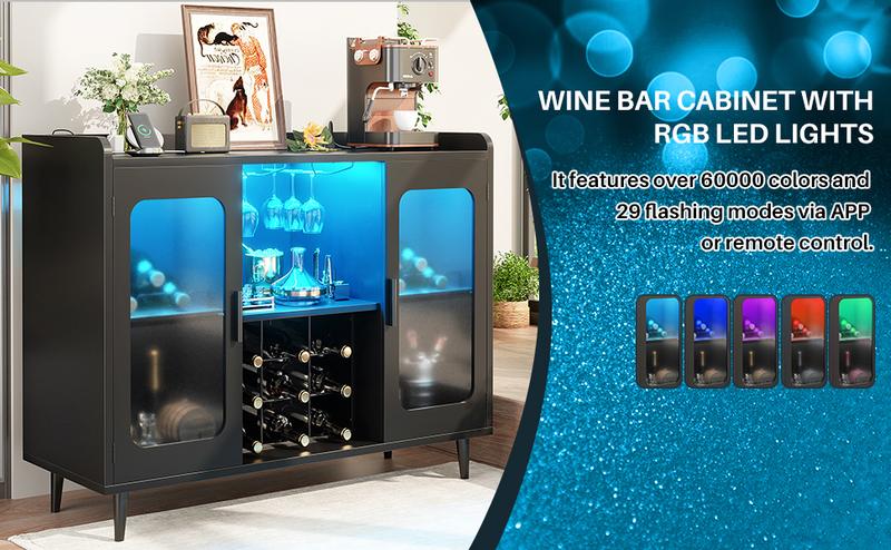 Homieasy Wine Bar Cabinet with Power Outlet, Liquor Cabinet Bar with LED Light and Glass Holder, Home Coffee Bar Cabinet, Buffet Sideboard with Storage Shelf for Kitchen, Dining Room