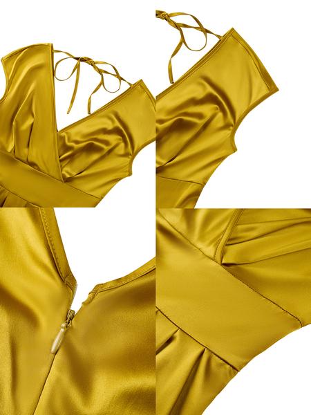 Women's Elegant Slim-Fit V-Neck Short Sleeve Dress, Waist-Tapered Split Hem Long Dress, Fashionable All Season Wear