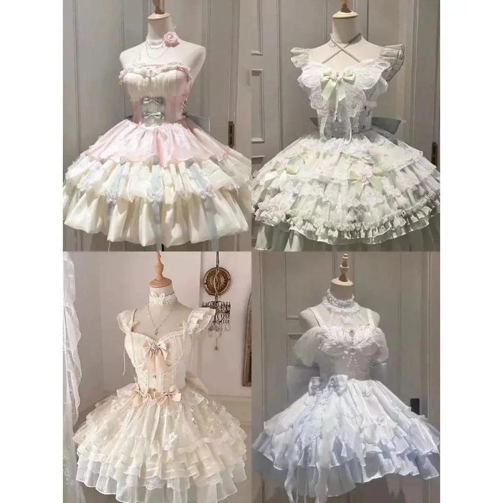 Sweet Lolita Y2k Mini Dresses Women Lace Patchwork Short Sleeve Elegant Bandage French Vintage Short Party Dress Female Summer