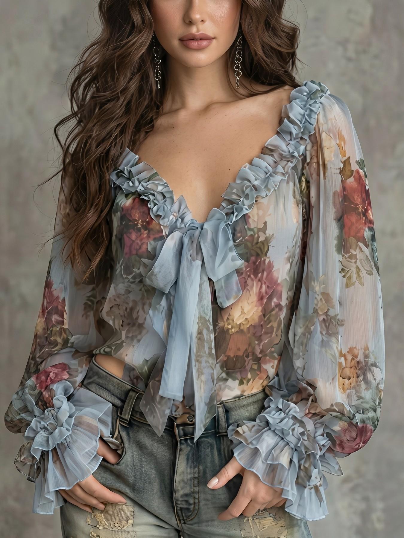 Women's Bohemian Vintage Floral Print V-Neck Bell Sleeve Long Sleeve Chiffon Blouse, Elegant Chic Summer Top, Lightweight & Flowy Design Shirt, Boho Style Shirt for Casual Wear, Boho Sleeve Top