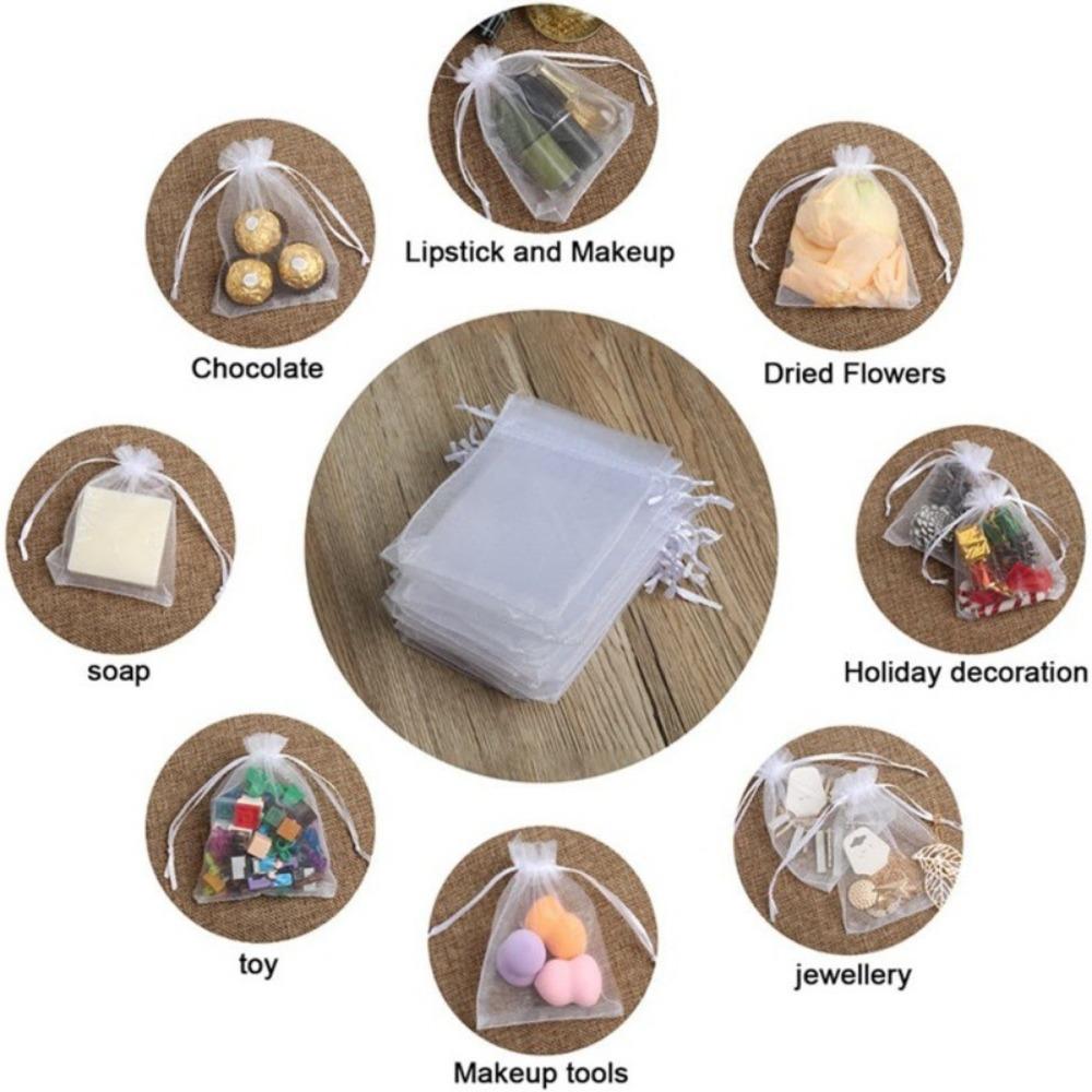 50pcs Transparent Gift Bags with Drawstring, High-Quality Organza Candy Bags, Wedding Decorations, Jewelry Packaging, Christmas Party Supplies, Gift Wrapping Supplies