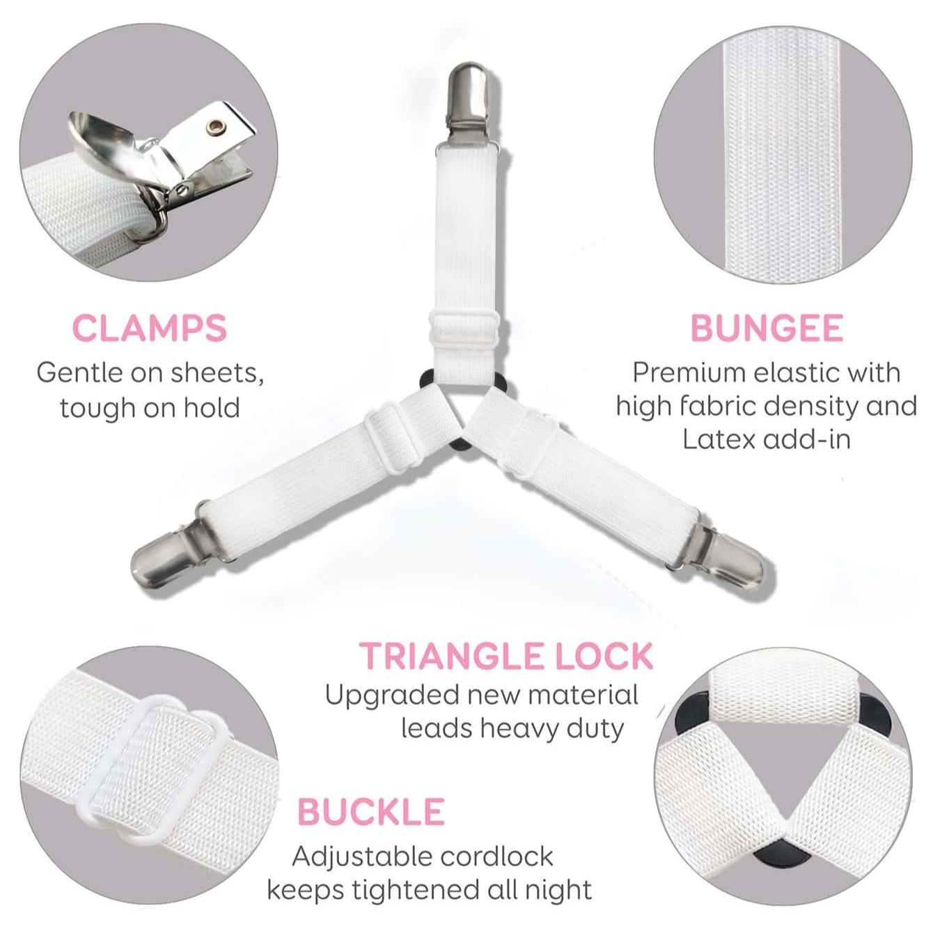4-Pack Adjustable Elastic Band Clips, Triangle Bed Sheet Holders, Tablecloth Curtain Metal Clamps, Sofa Cushion Non-Slip Clips