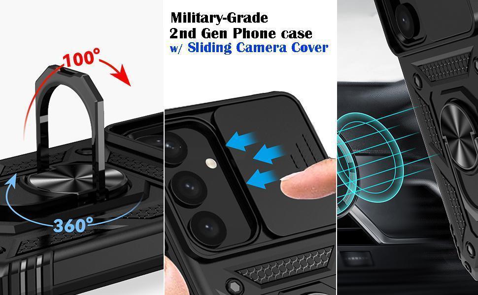 for Samsung Galaxy S25 Plus Case with Slide Camera Cover HD Screen Protector [Military Grade Drop Tested] Magnetic Ring Holder Kickstand Protective Phone Case for Samsung Galaxy S25+ Plus 2025, Black